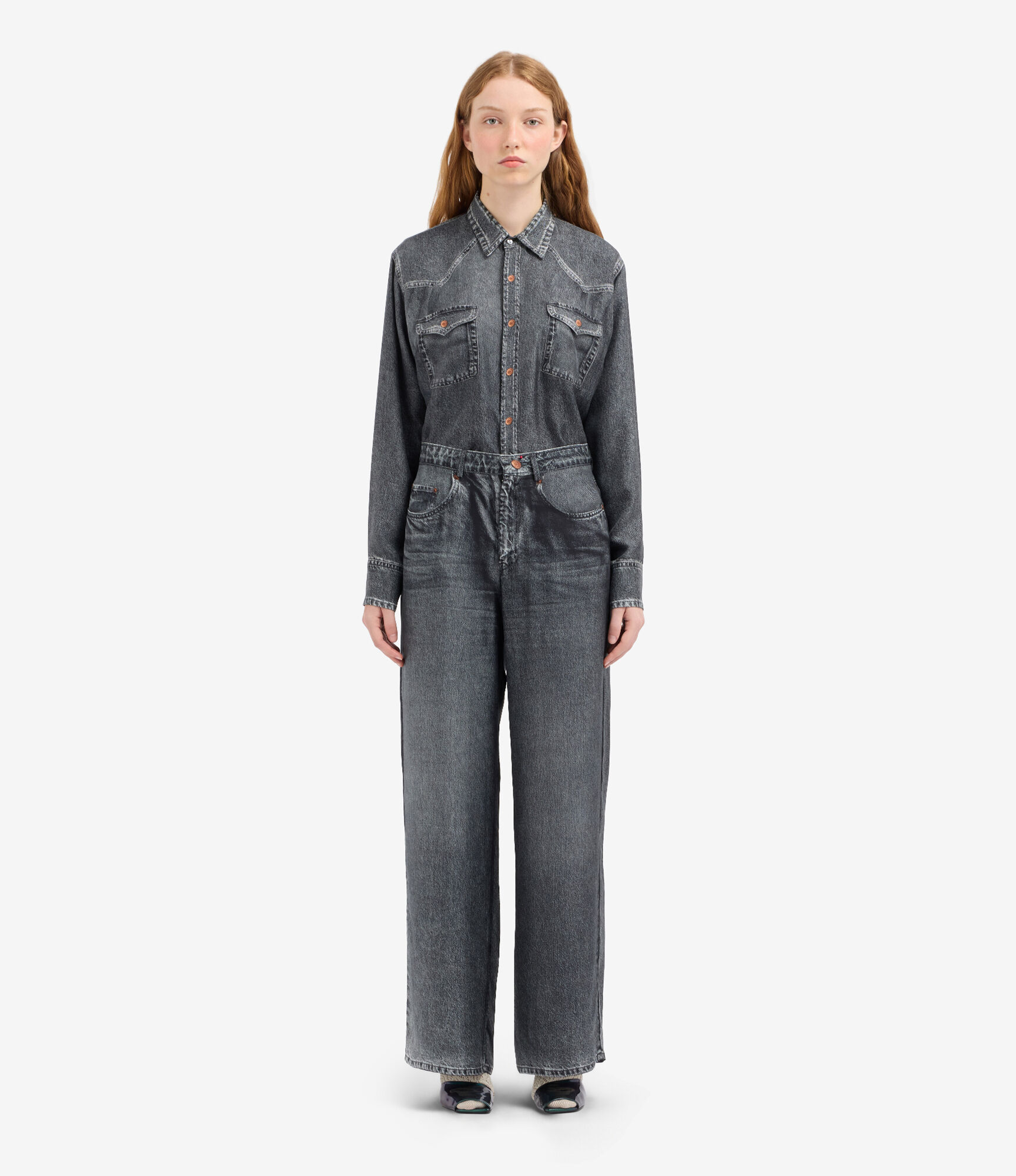 ALOE Trousers Silk Faux-Denim in BLACK DENIM | Pierre-Louis Mascia®