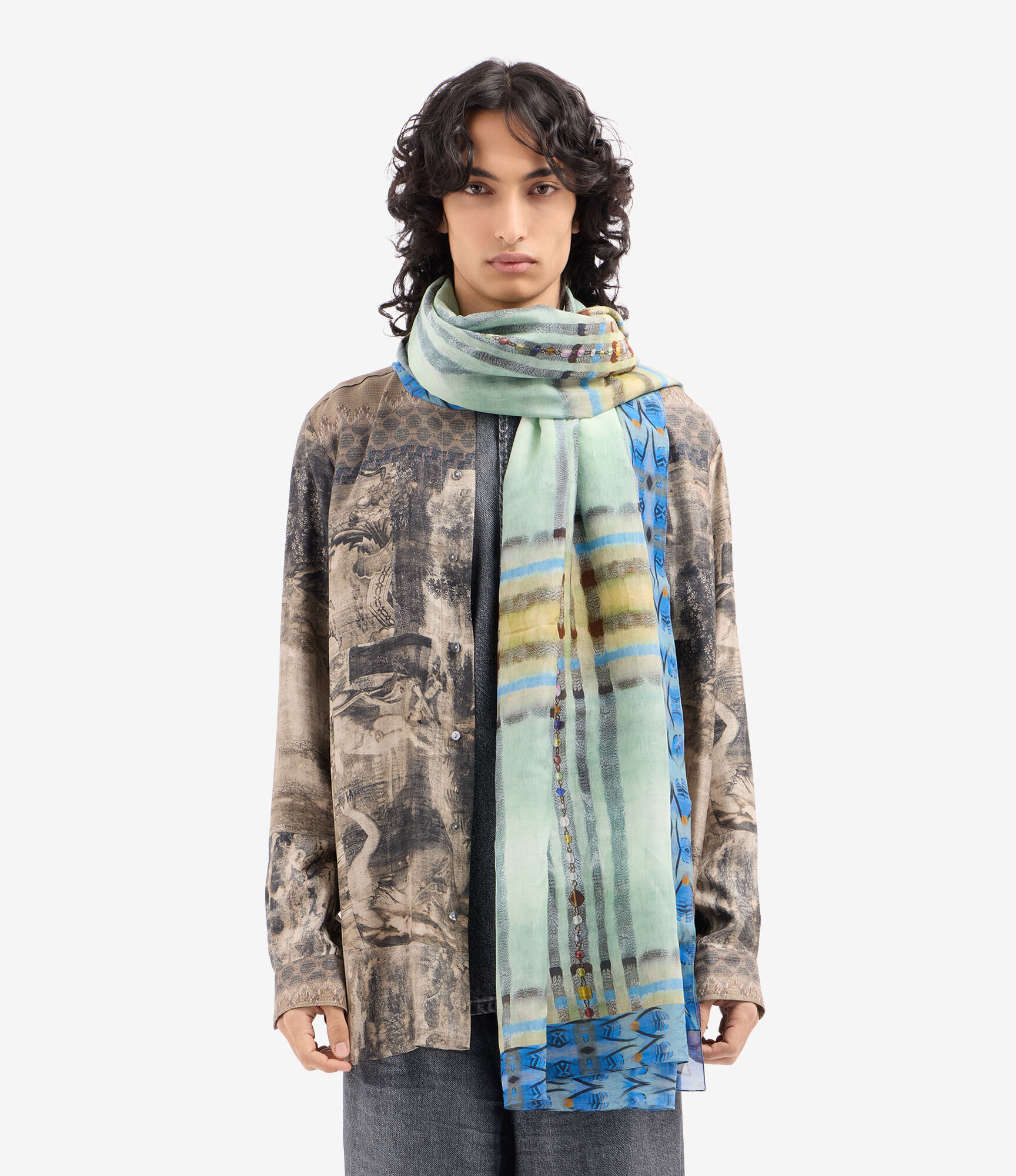 HAWNBCI Shawl Scarf Cotton Silk 135x190 in GEOMETRIE MARINE